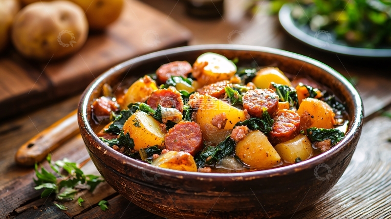 高清大图下载【趣麦麦图】香肠土豆菠菜炖菜