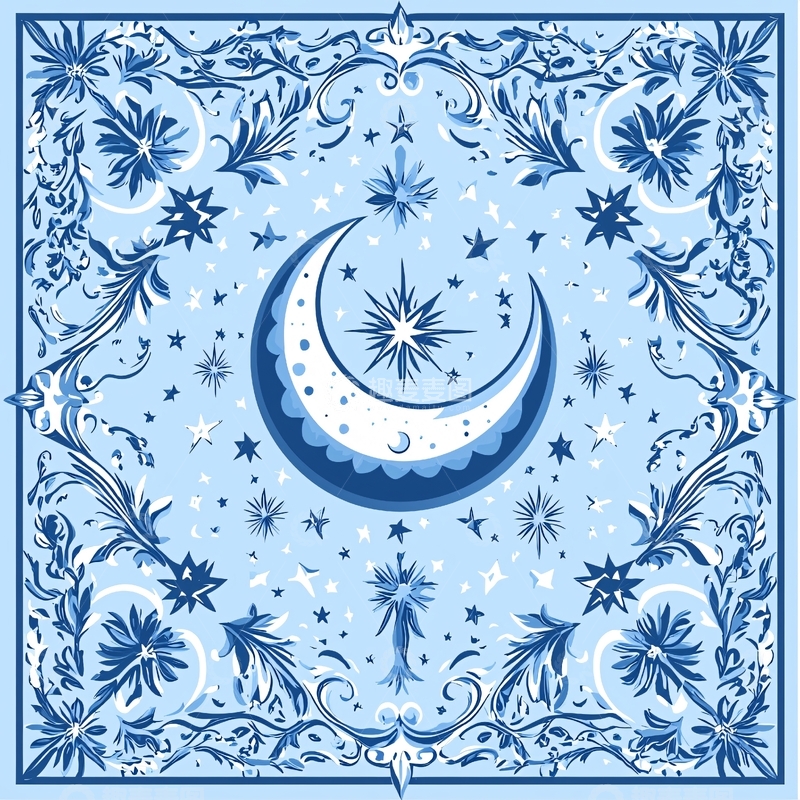 高清大图下载【趣麦麦图】月亮星星植物边框的蓝色方巾