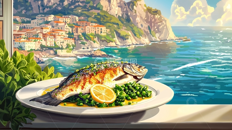 高清大图下载【趣麦麦图】地中海风景烤鱼