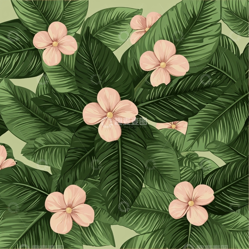 高清大图下载【趣麦麦图】粉色花朵与绿色叶子图案