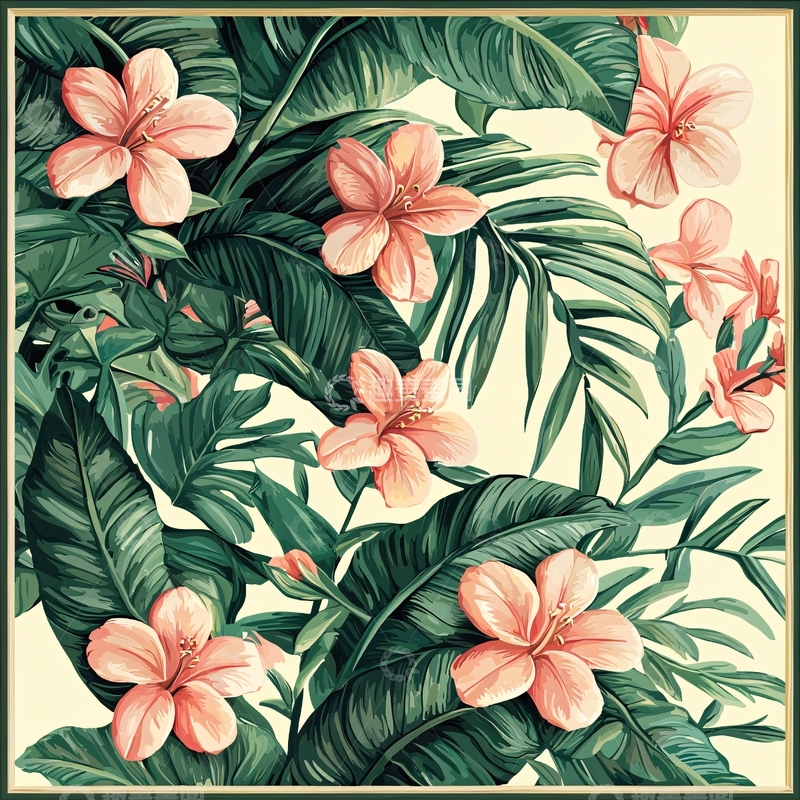 高清大图下载【趣麦麦图】粉色花朵与绿色热带叶子