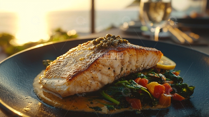 高清大图下载【趣麦麦图】海景餐厅煎三文鱼