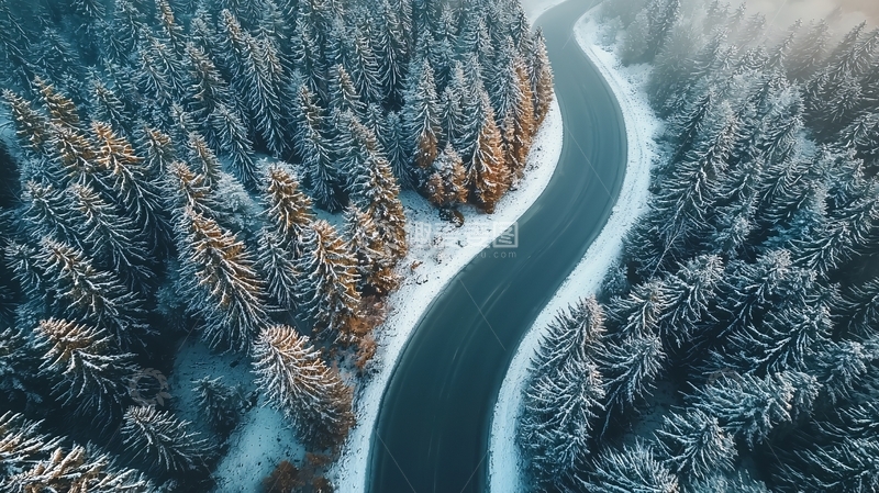 高清大图下载【趣麦麦图】雪山森林中的蜿蜒道路