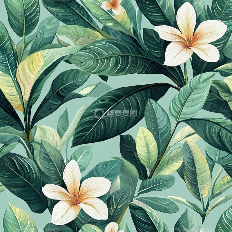 高清大图下载【趣麦麦图】热带花卉和绿叶的背景