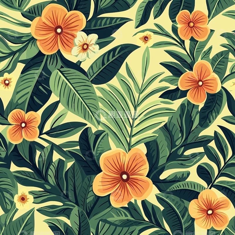 高清大图下载【趣麦麦图】热带花卉绿叶图案