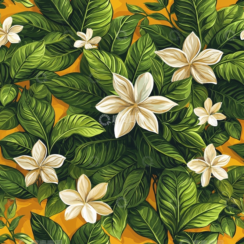 高清大图下载【趣麦麦图】白色花朵与绿色树叶图案