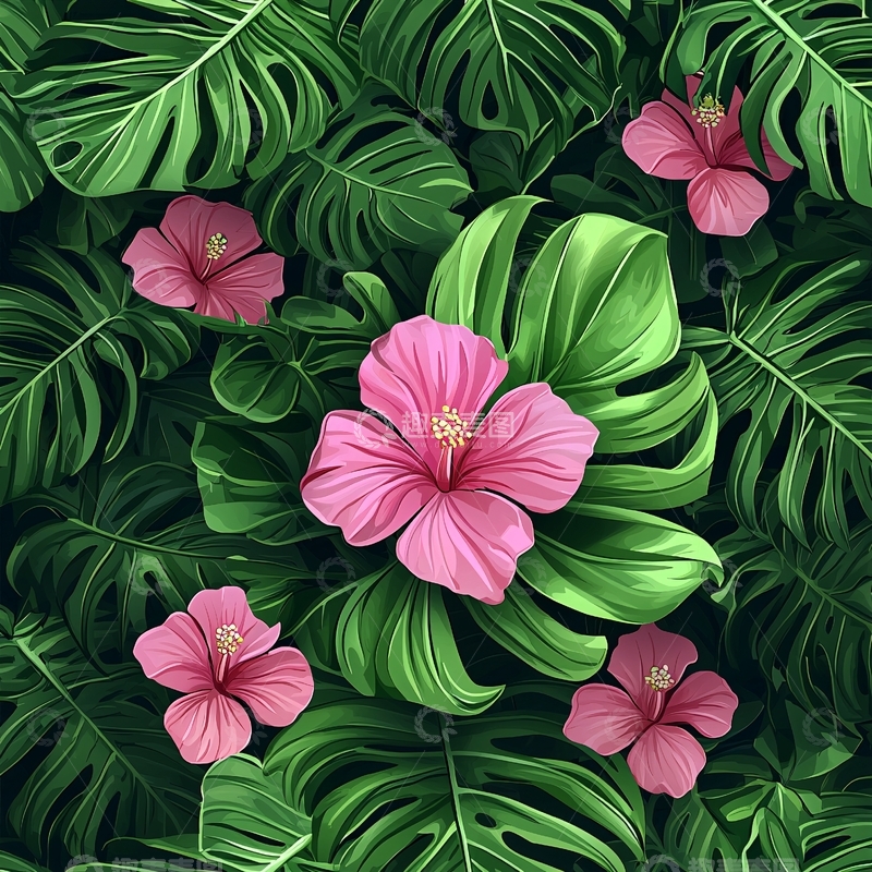 高清大图下载【趣麦麦图】热带花卉绿叶背景图案