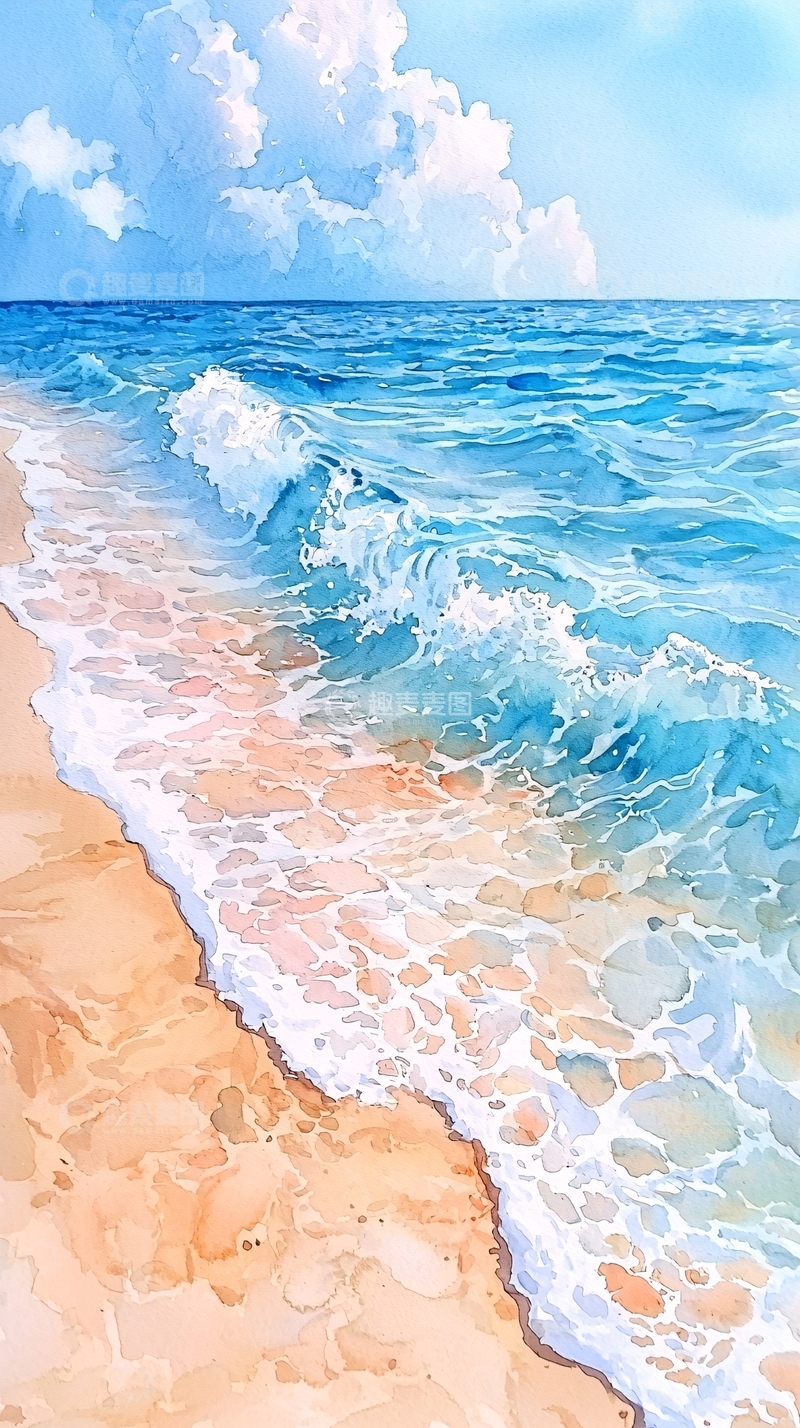 高清大图下载【趣麦麦图】水彩海滩
