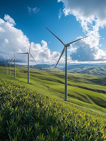 绿色山坡上的风力涡轮机