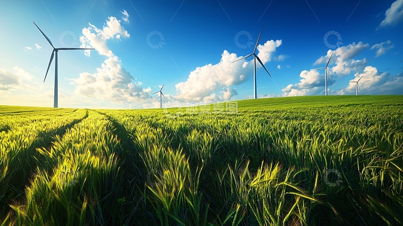 高清大图下载【趣麦麦图】绿色田野上的风力涡轮机