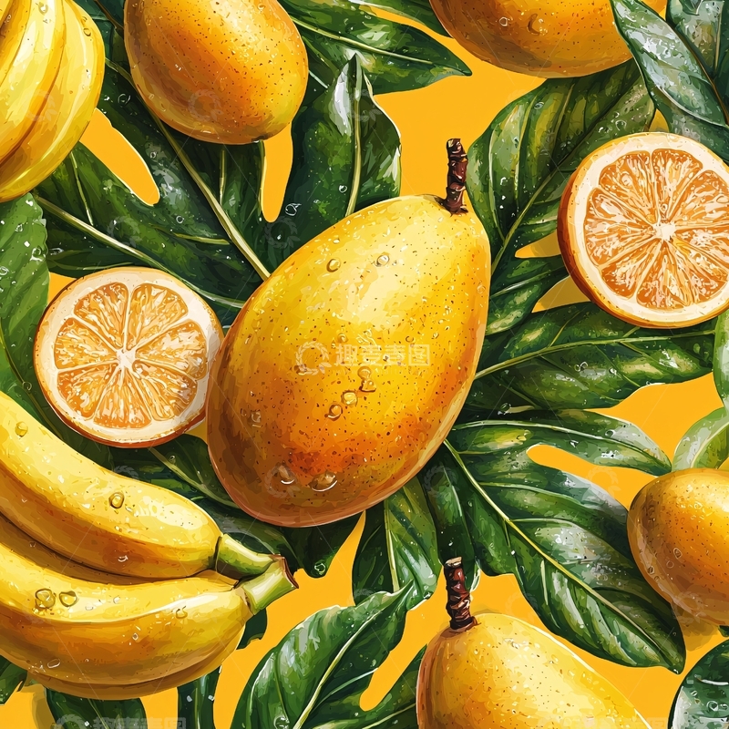 高清大图下载【趣麦麦图】热带水果和绿叶背景