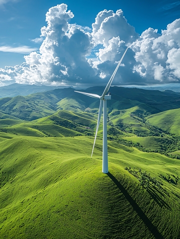 绿色山丘上的风力涡轮机