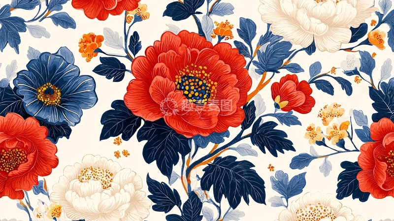 高清大图下载【趣麦麦图】红色蓝色花卉的纹样