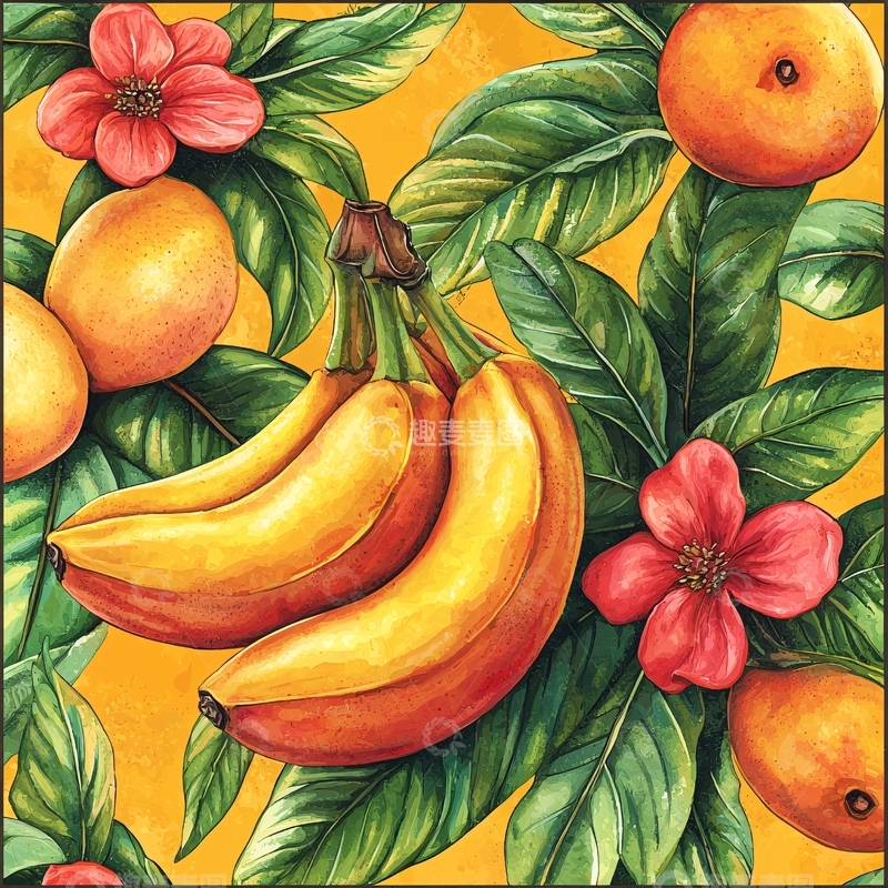 高清大图下载【趣麦麦图】-热带水果与鲜花图案