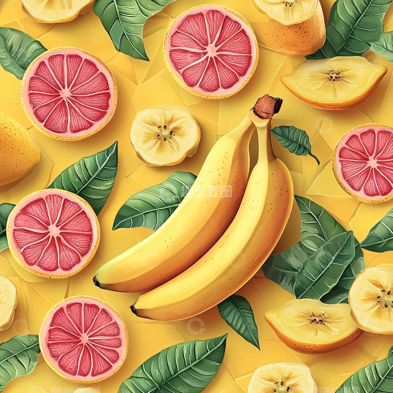 高清大图下载【趣麦麦图】水果切片香蕉绿叶平铺