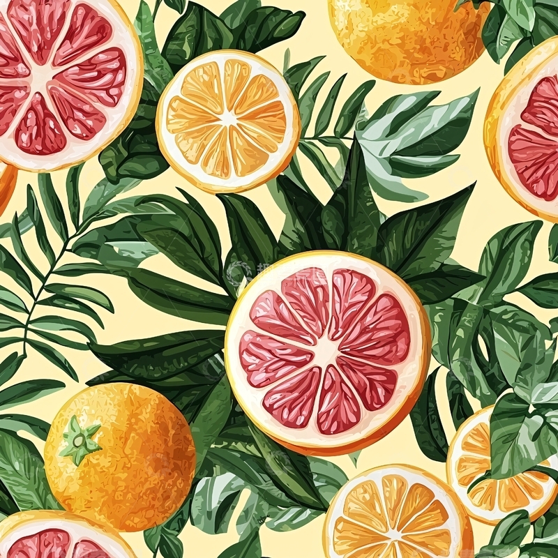 高清大图下载【趣麦麦图】柑橘类水果与热带叶子图案