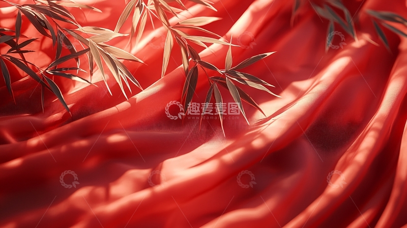 高清大图下载【趣麦麦图】红色丝绸上的竹叶光影