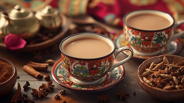 两杯热气腾腾的奶茶和香料