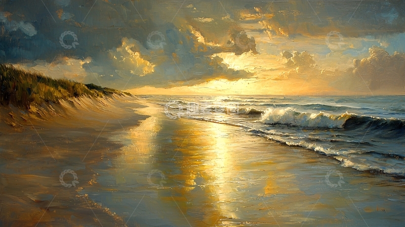 高清大图下载【趣麦麦图】金色沙滩的日落海景