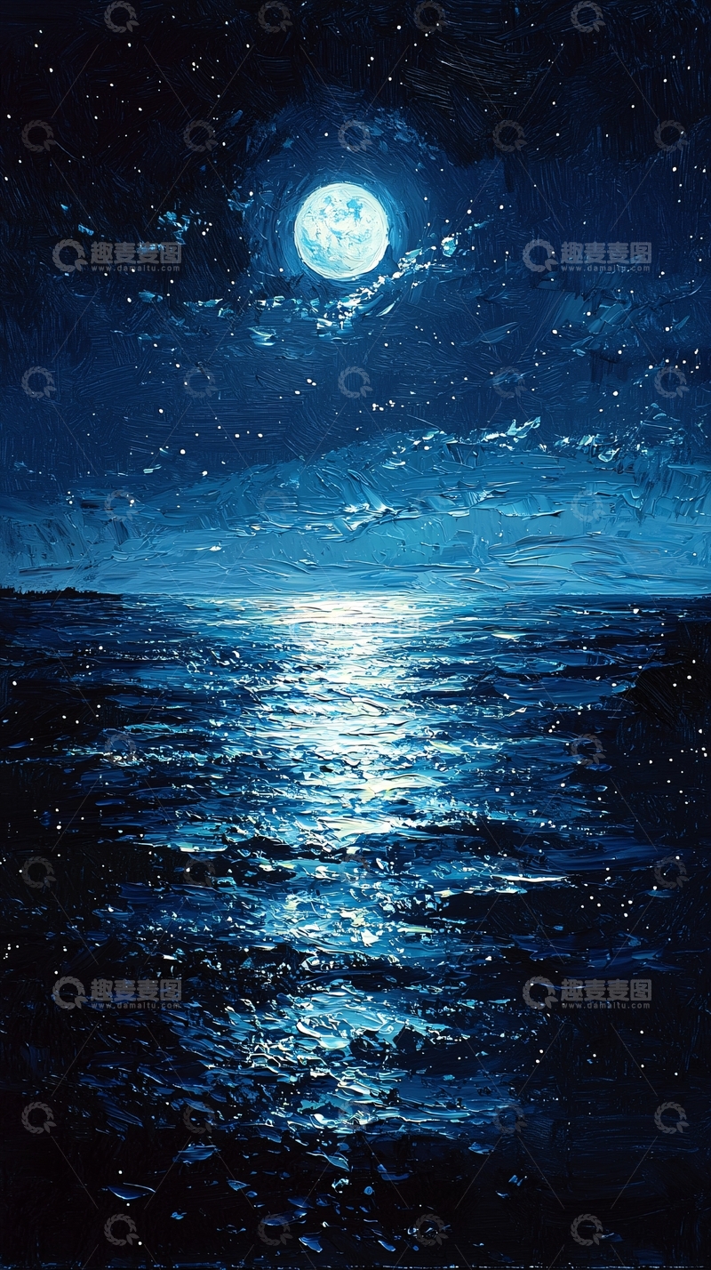 高清大图下载【趣麦麦图】月光洒在海面的油画