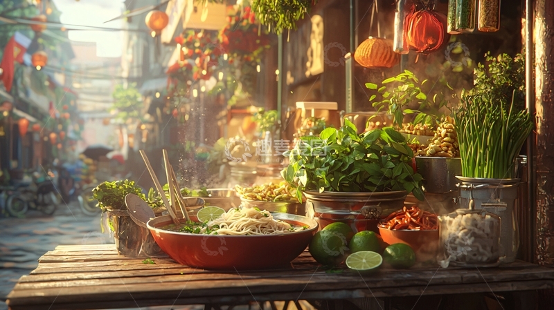 高清大图下载【趣麦麦图】清晨阳光下的越南小吃摊