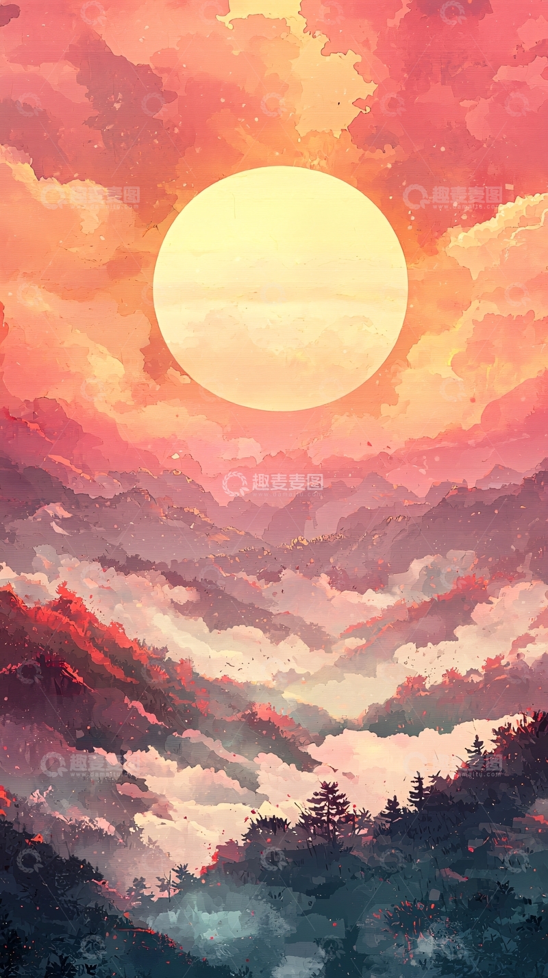 高清大图下载【趣麦麦图】唯美日落山景水彩插画