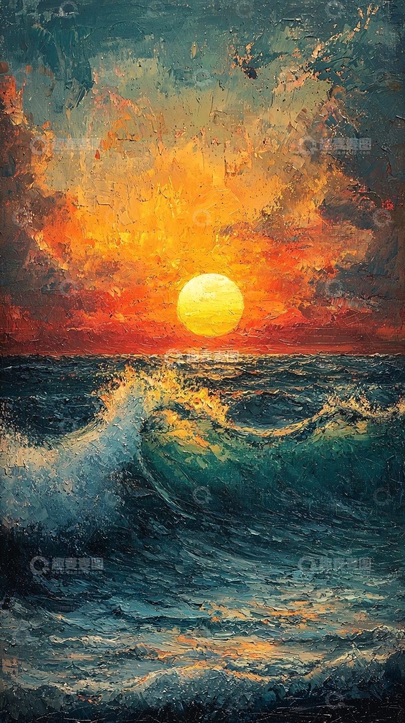 高清大图下载【趣麦麦图】海浪翻滚的日落油画