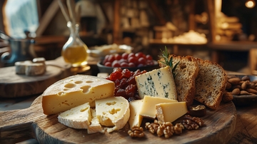 木质托盘上的奶酪拼盘