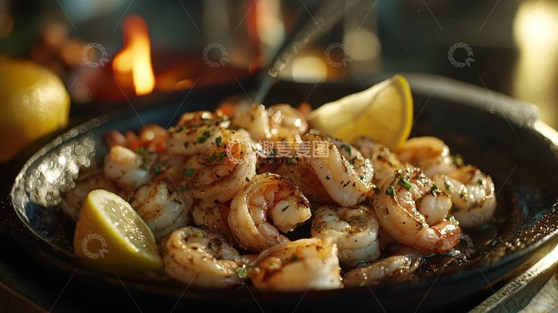 高清大图下载【趣麦麦图】香煎大虾配柠檬