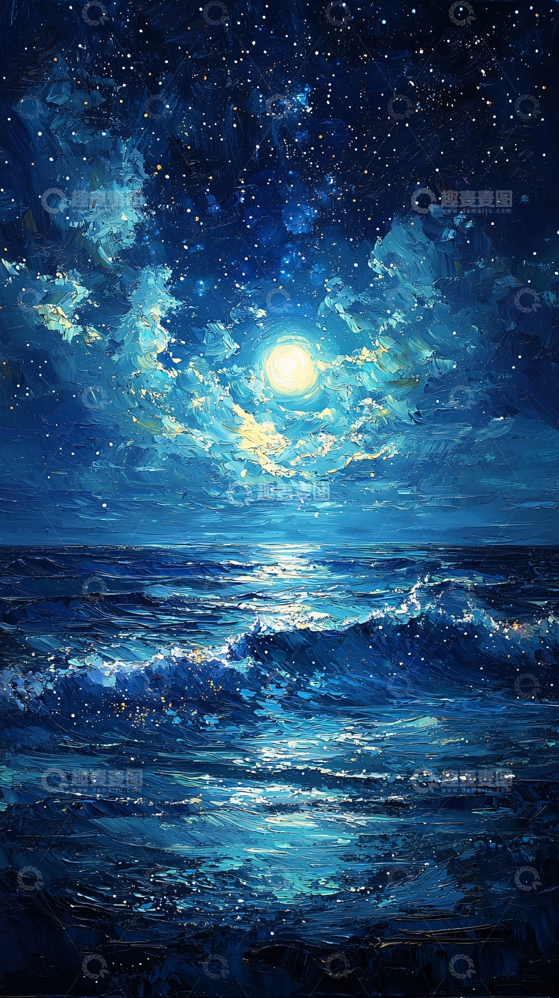 高清大图下载【趣麦麦图】海面上的明月星空
