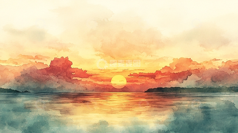 高清大图下载【趣麦麦图】水彩日落倒影唯美风景
