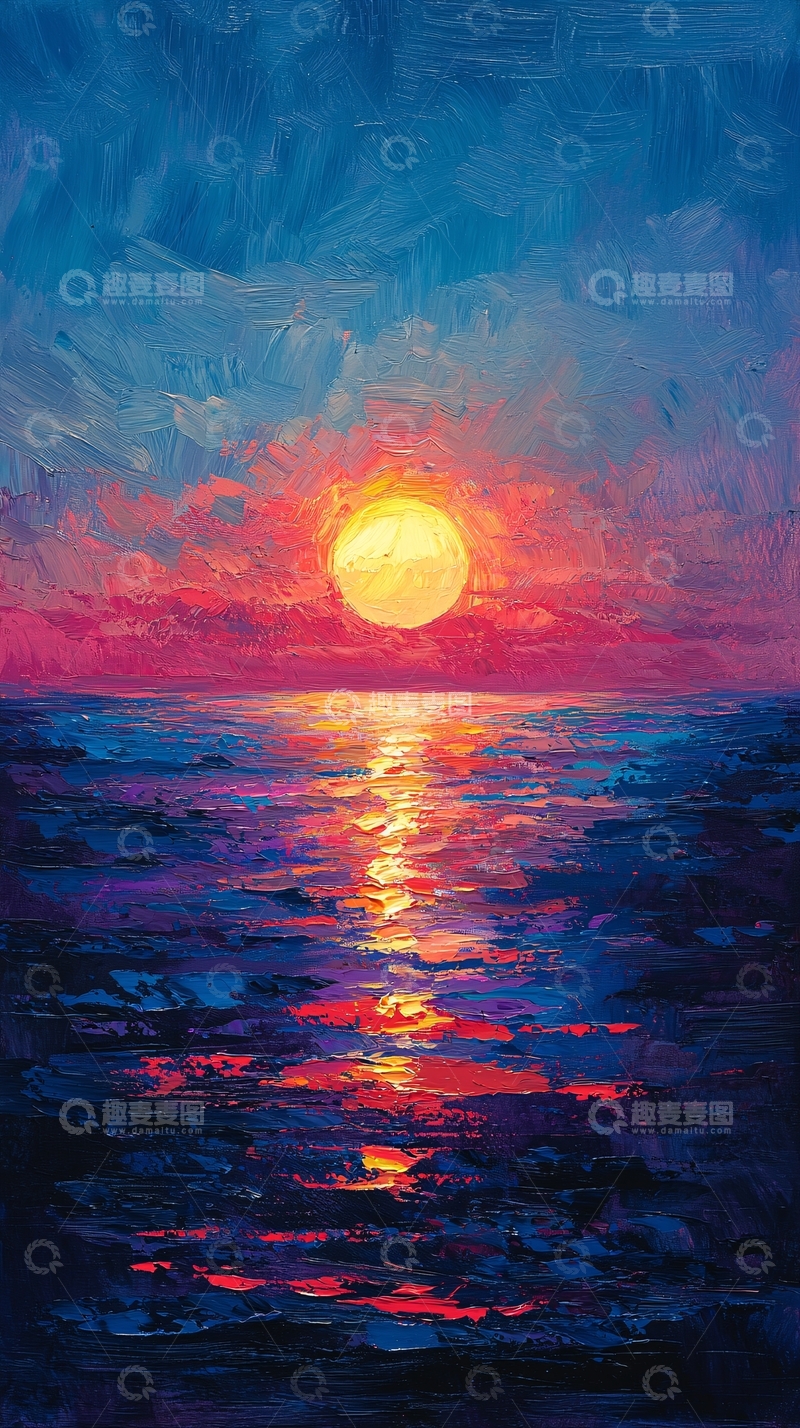 高清大图下载【趣麦麦图】油画风日落海面