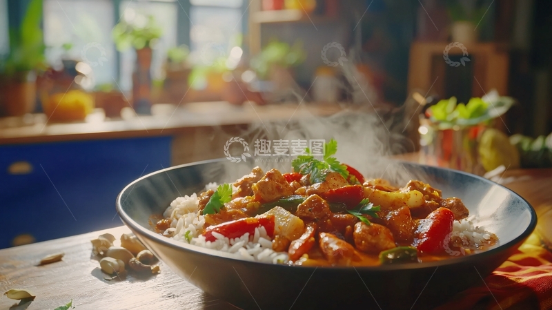 高清大图下载【趣麦麦图】热气腾腾的鸡肉饭菜肴