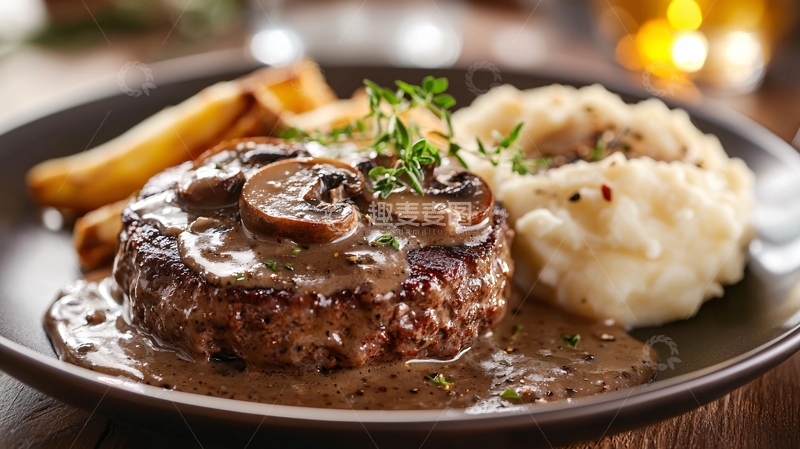 高清大图下载【趣麦麦图】美味多汁的蘑菇汁肉饼