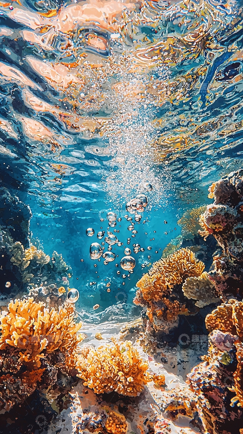 高清大图下载【趣麦麦图】海底珊瑚礁与气泡