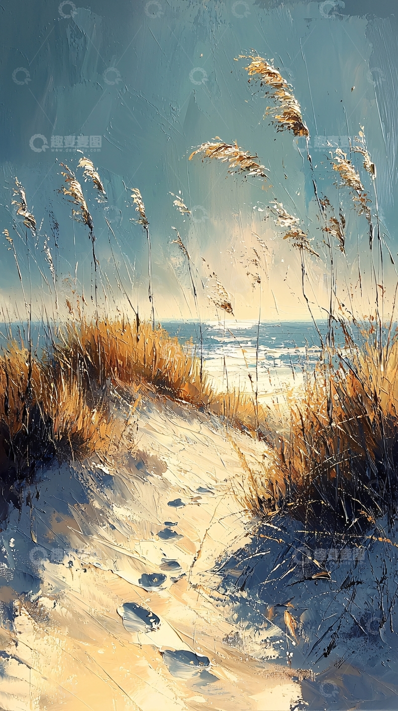 高清大图下载【趣麦麦图】海边沙丘上的芦苇油画