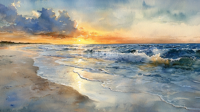 高清大图下载【趣麦麦图】水彩海滩日落风景