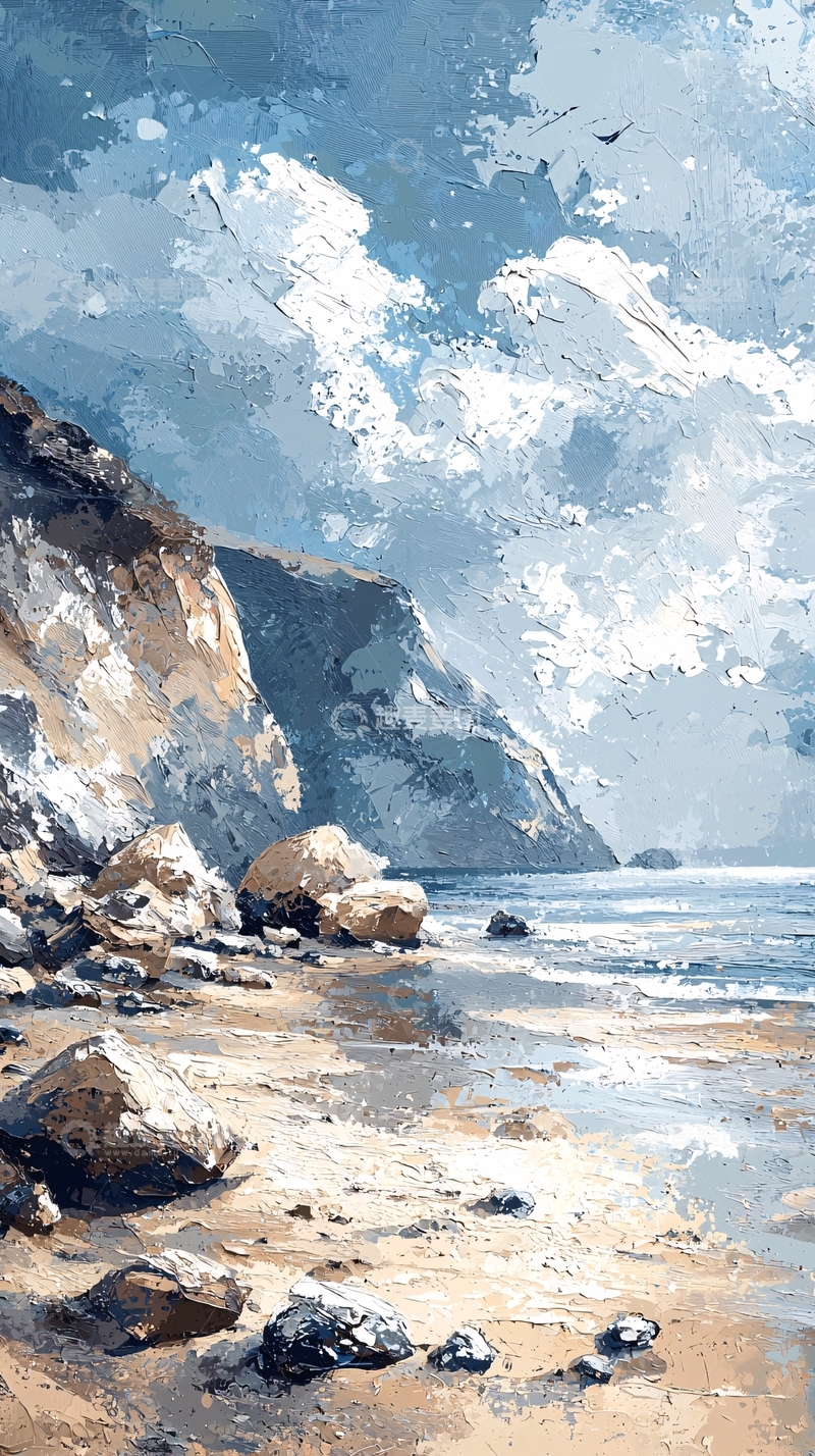 高清大图下载【趣麦麦图】海边岩石和天空的油画