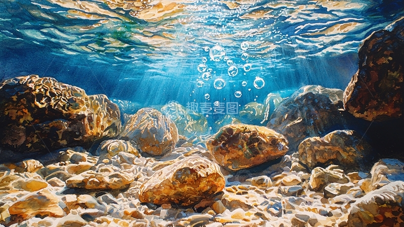 高清大图下载【趣麦麦图】水下岩石与气泡