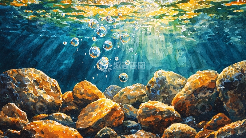 高清大图下载【趣麦麦图】水下岩石阳光气泡