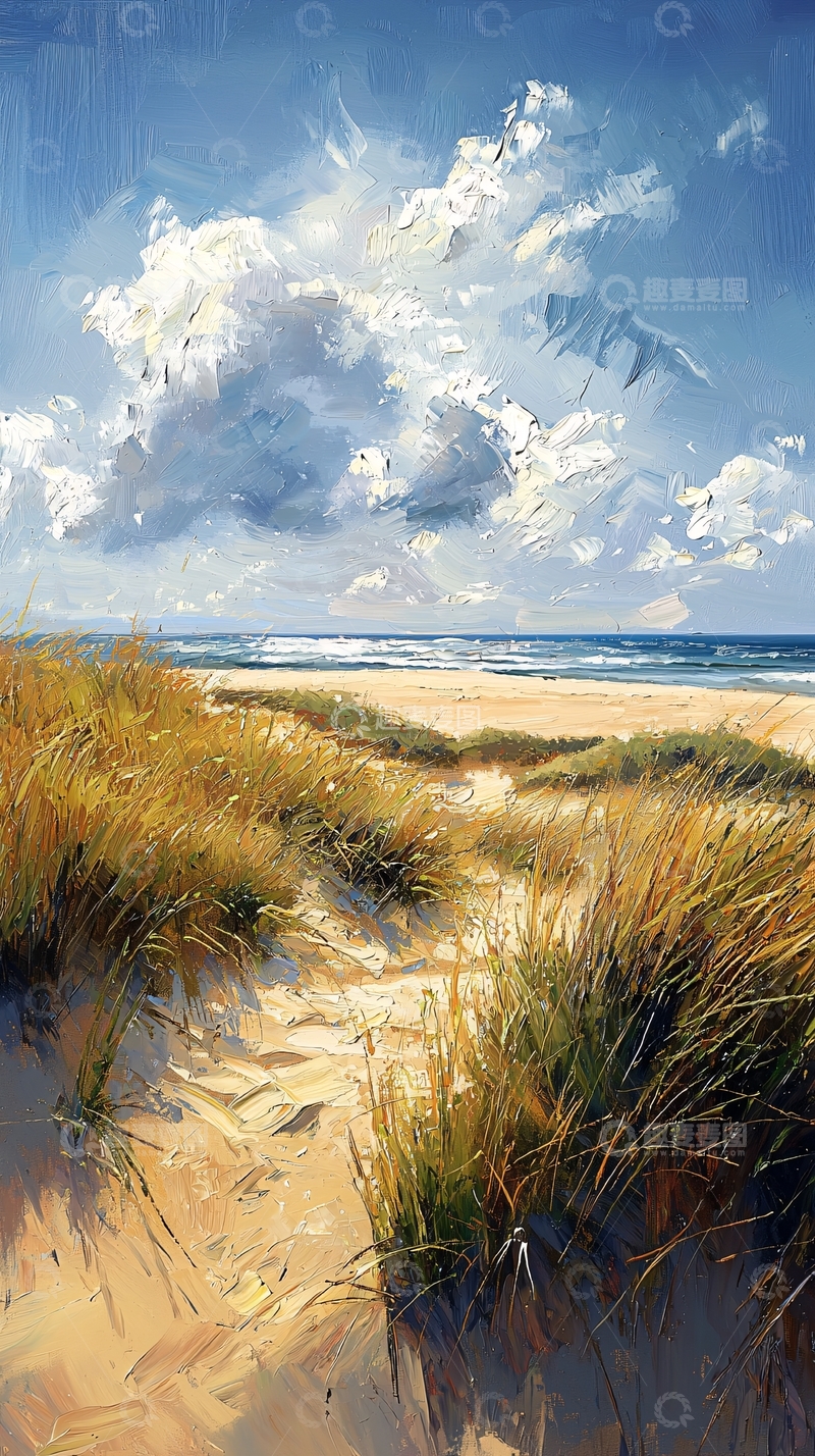 高清大图下载【趣麦麦图】海边沙丘的油画风景