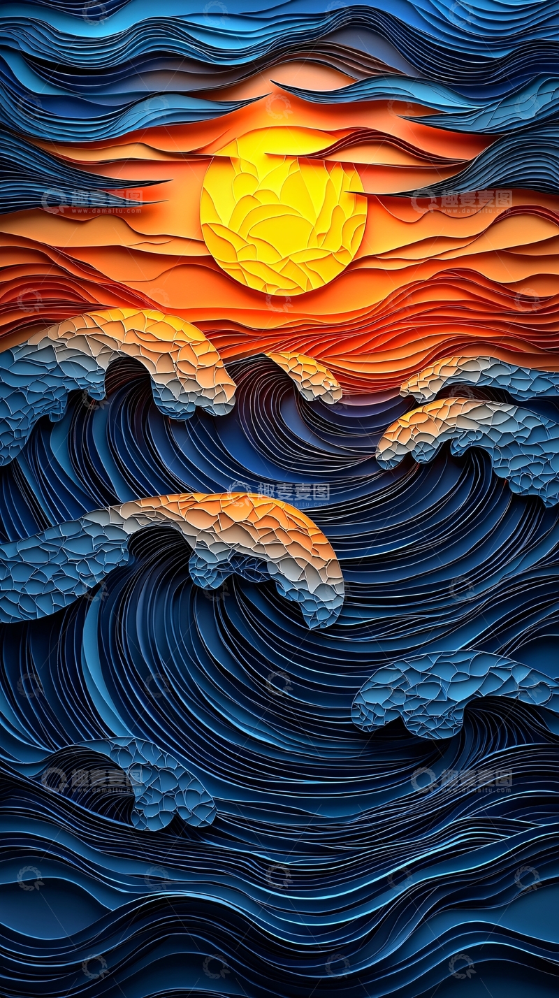 高清大图下载【趣麦麦图】日落海浪纸艺风格