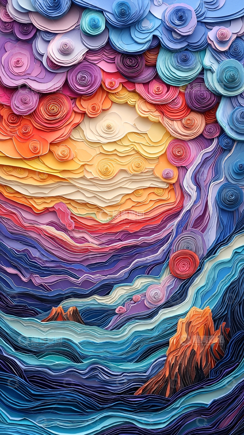 高清大图下载【趣麦麦图】纸艺海洋日落云彩