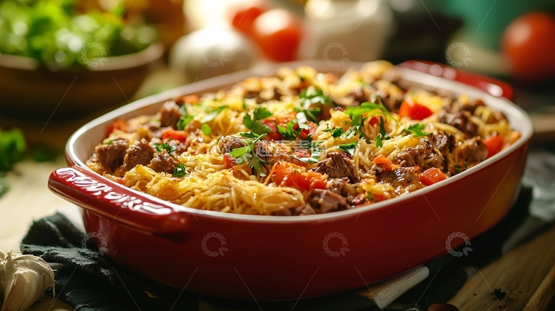 高清大图下载【趣麦麦图】红陶烤盘意面肉酱