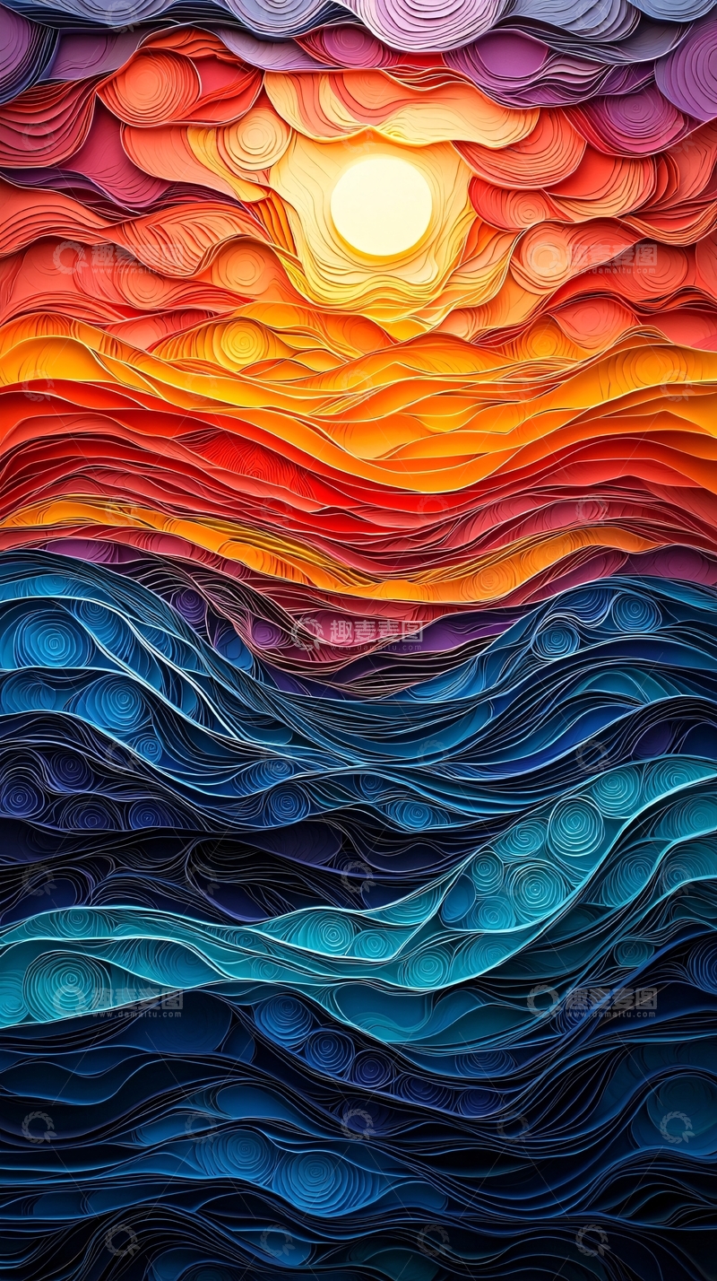 高清大图下载【趣麦麦图】抽象日落海洋场景