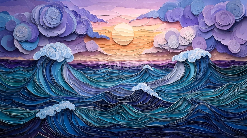 高清大图下载【趣麦麦图】海浪上的日落云彩