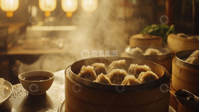 高清大图下载【趣麦麦图】热气腾腾的蒸笼小笼包