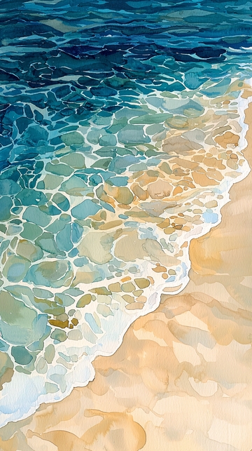 水彩海滩波浪