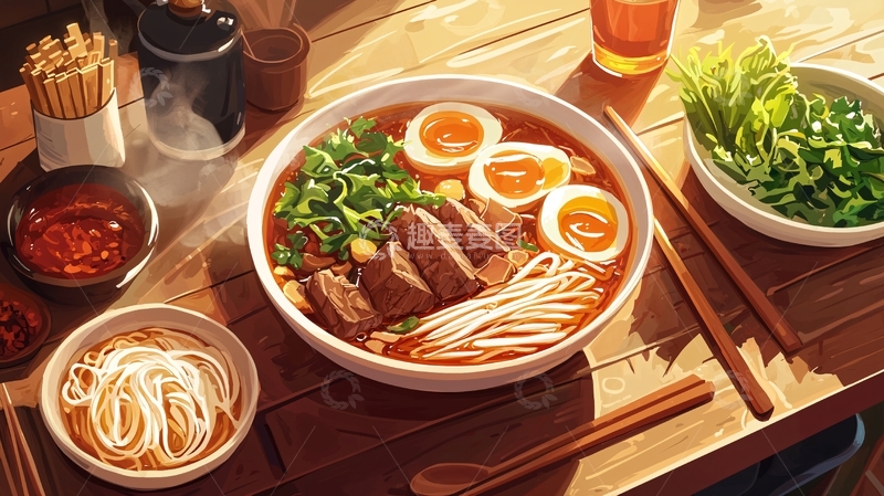 高清大图下载【趣麦麦图】阳光洒在木桌上的日式拉面