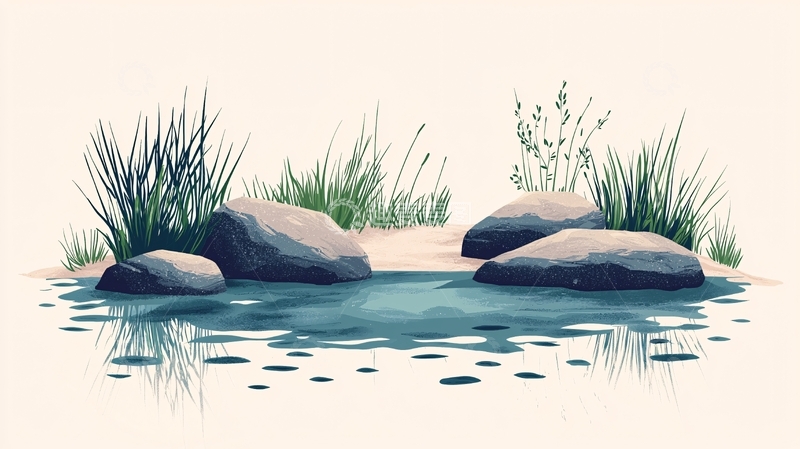 高清大图下载【趣麦麦图】水边石头与植物的宁静场景